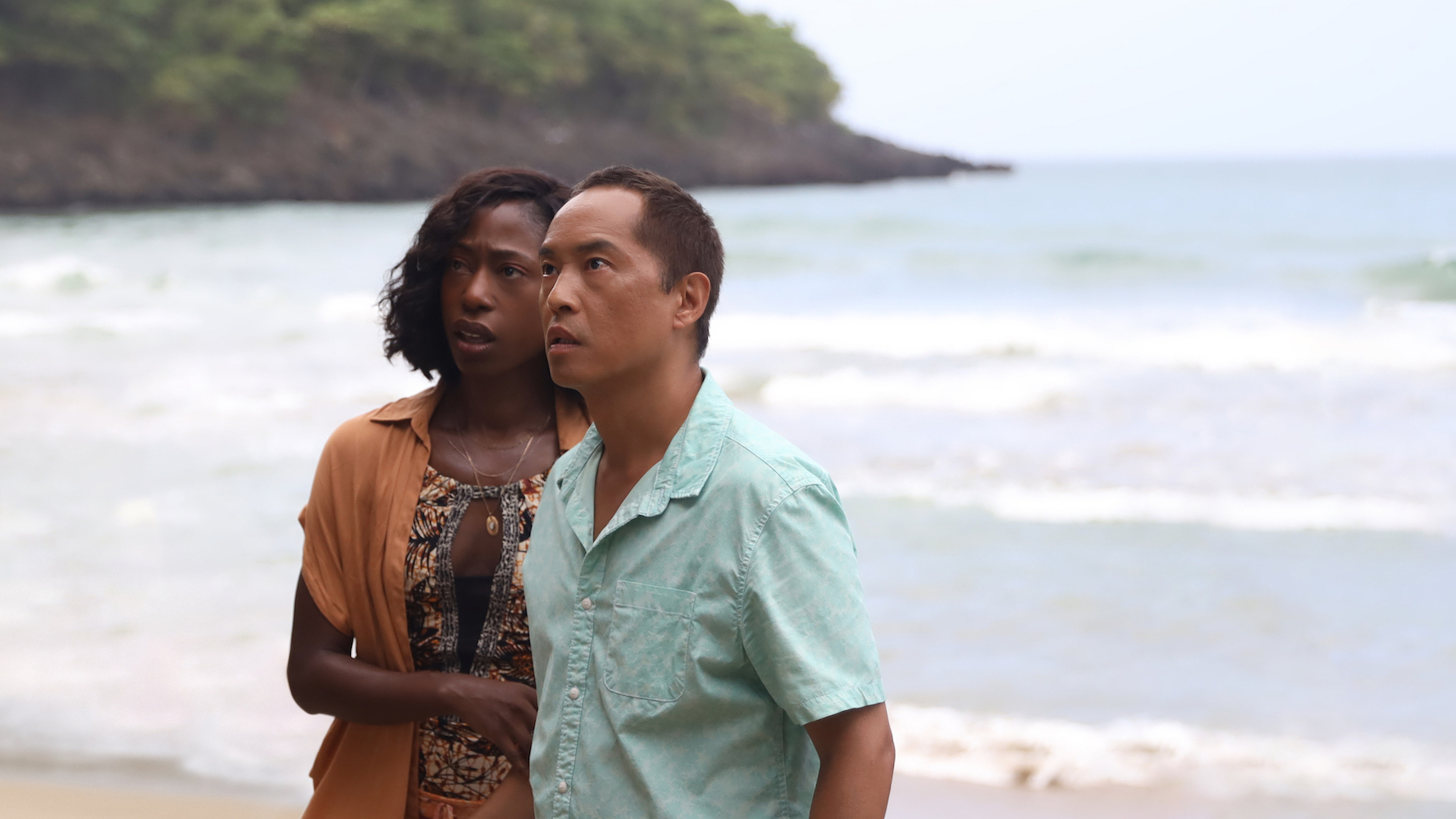 (from left) Patricia (Nikki Amuka-Bird) and Jarin (Ken Leung) in Old, written for the screen and directed by M. Night Shyamalan.